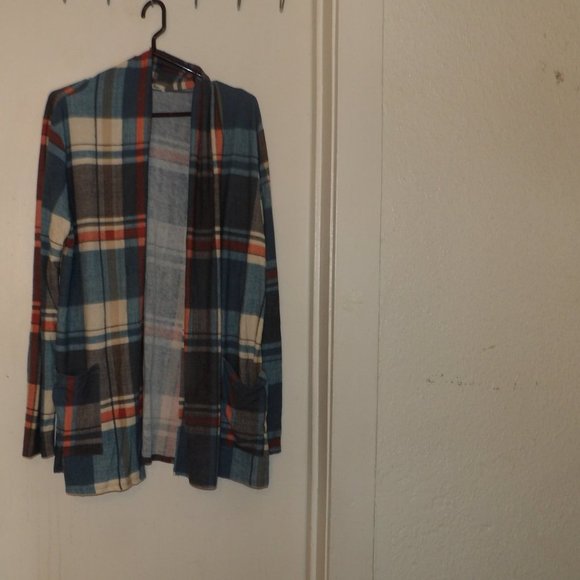 Egy Sweaters - Egy Multi Colored Plaid Cardigan With Elbow Patches Sz 1XL